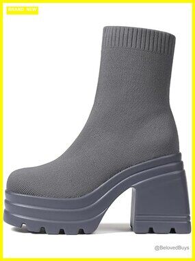 Square Toe Slip On Stretch Knit Platform Boots Chunky Heel Sock Boots